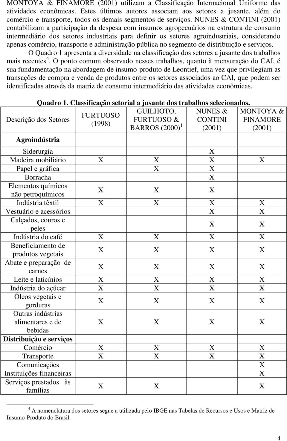 NUNES & CONTINI (2001) contabilizam a participação da despesa com insumos agropecuários na estrutura de consumo intermediário dos setores industriais para definir os setores agroindustriais,