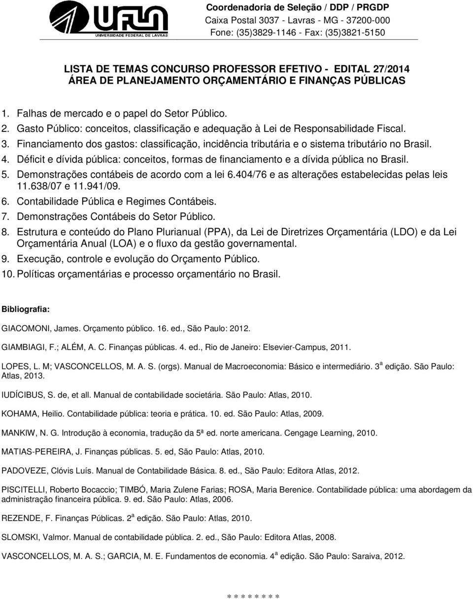 Demonstrações contábeis de acordo com a lei 6.404/76 e as alterações estabelecidas pelas leis 11.638/07 e 11.941/09. 6. Contabilidade Pública e Regimes Contábeis. 7.