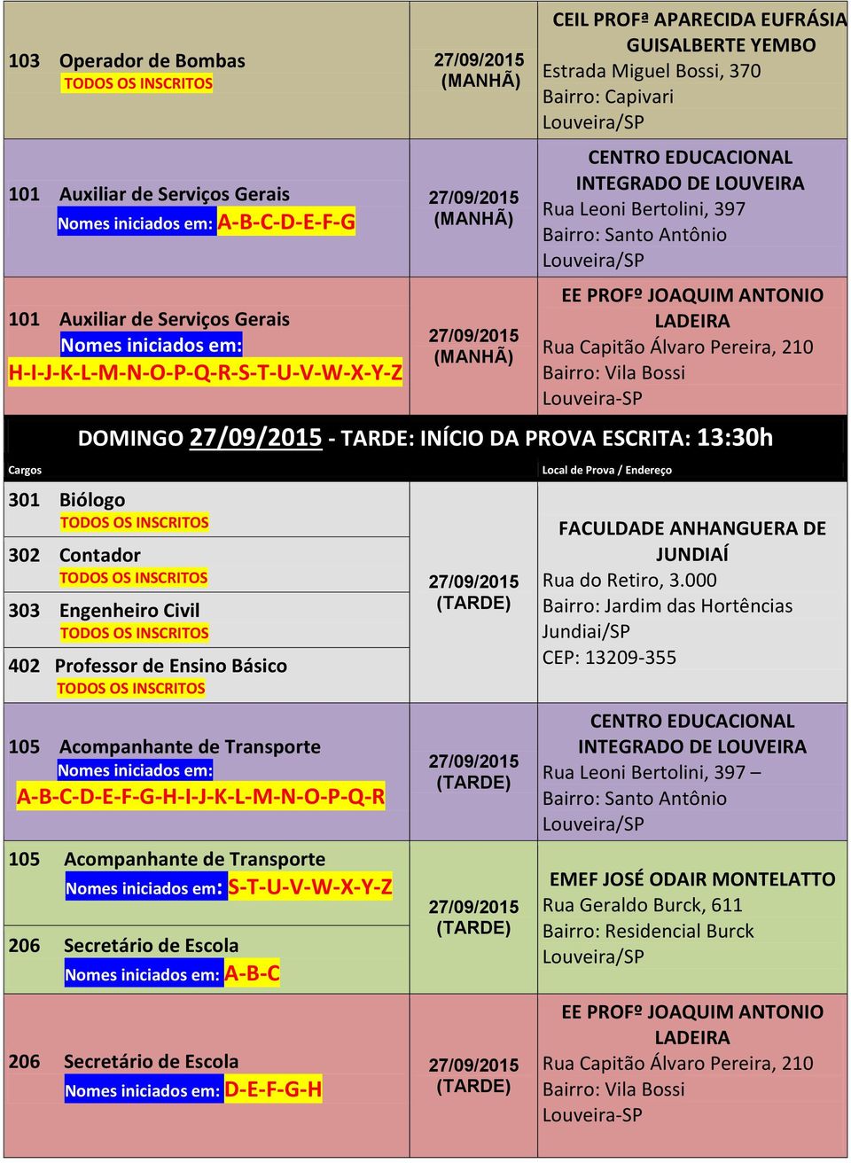 302 Contador 303 Engenheiro Civil 402 Professor de Ensino Básico 105 Acompanhante de Transporte Nomes iniciados em: A-B-C-D-E-F-G-H-I-J-K-L-M-N-O-P-Q-R 105 Acompanhante de Transporte Nomes iniciados