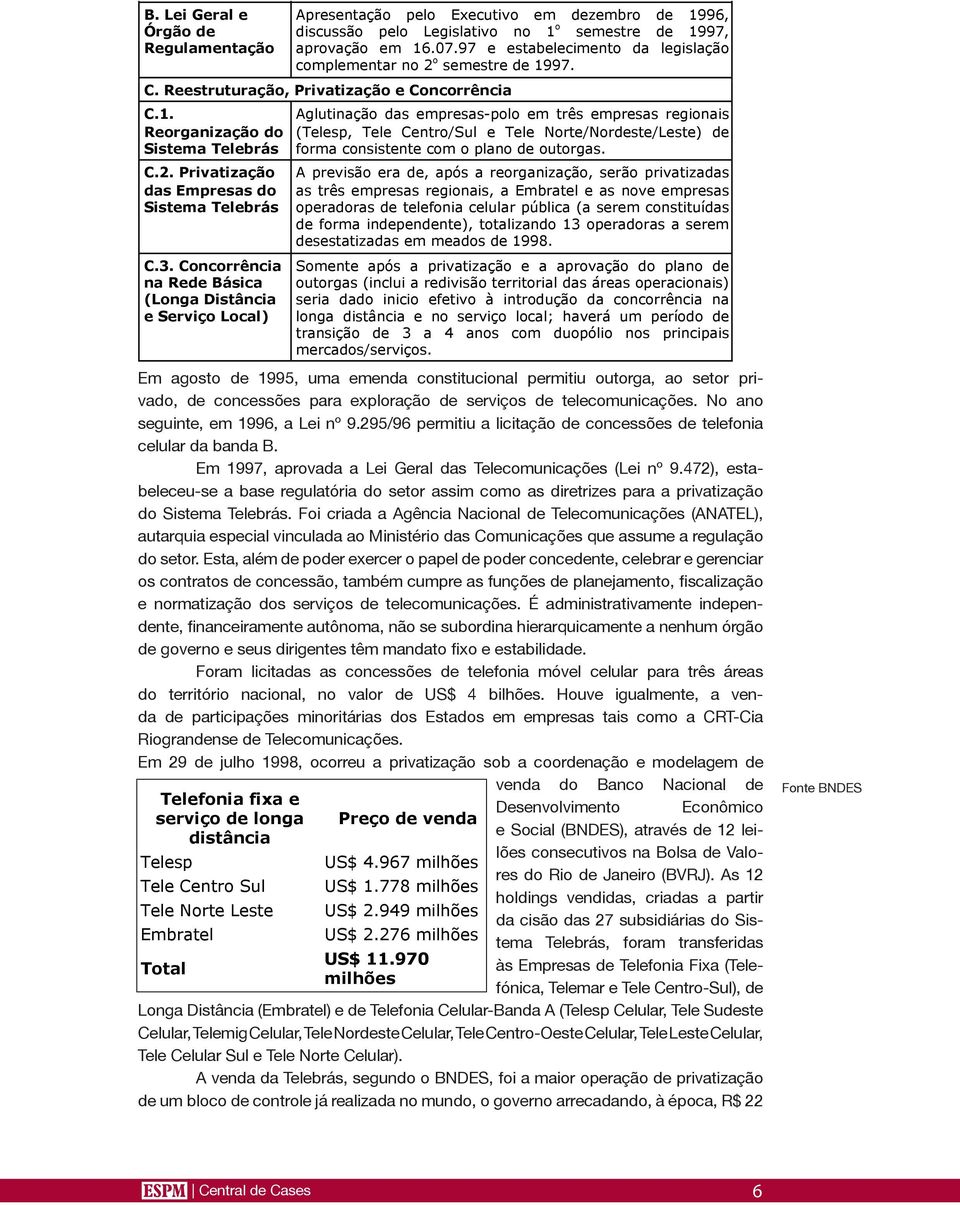 Os primeiros contratos começaram a ser assinados em junho de 1997 e em dezembro entrou em operação o primeiro prestador privado (Americel) na região de Brasília e Centro- Oeste.