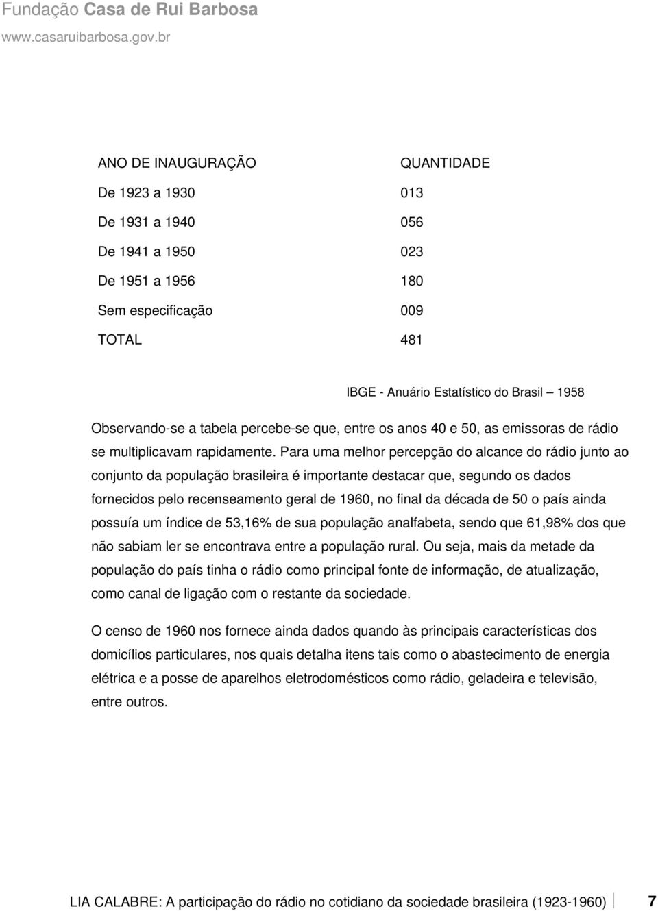 Para uma melhor percepção do alcance do rádio junto ao conjunto da população brasileira é importante destacar que, segundo os dados fornecidos pelo recenseamento geral de 1960, no final da década de