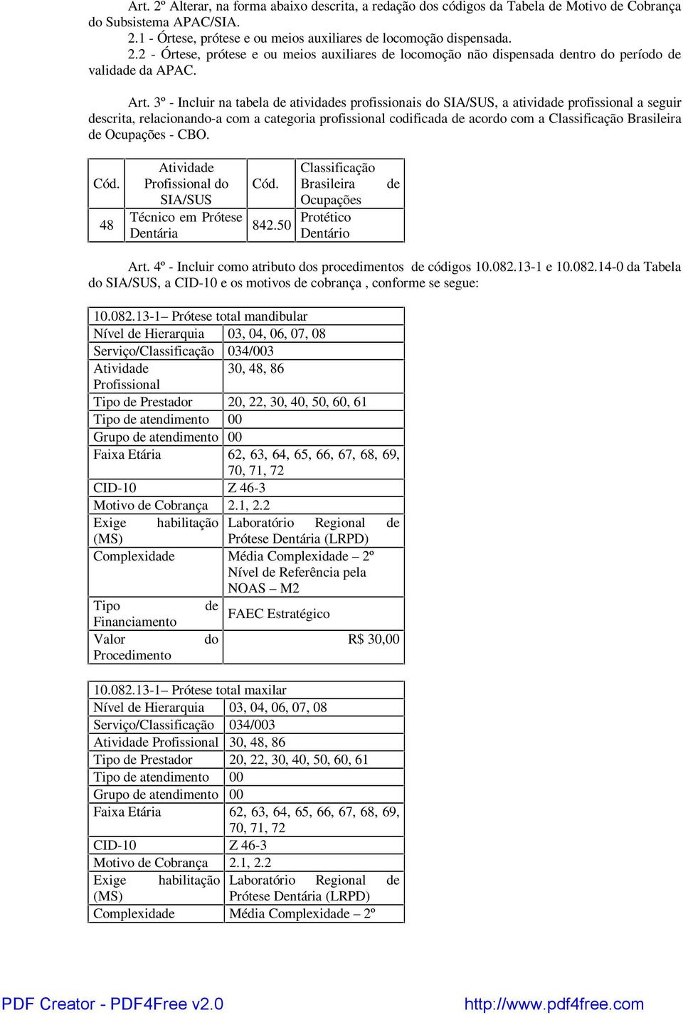 Brasileira de Ocupações - CBO. Cód. 48 Atividade Profissional do SIA/SUS Técnico em Prótese Dentária Classificação Cód. Brasileira Ocupações 842.50 Protético Dentário de Art.