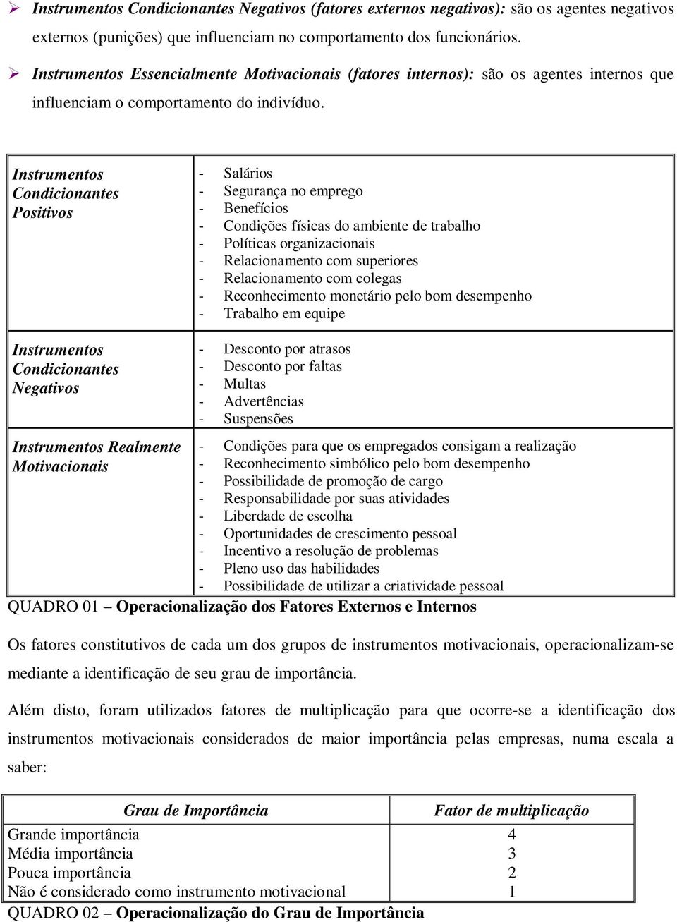 Instrumentos Condicionantes Positivos - Salários - Segurança no emprego - Benefícios - Condições físicas do ambiente de trabalho - Políticas organizacionais - Relacionamento com superiores -