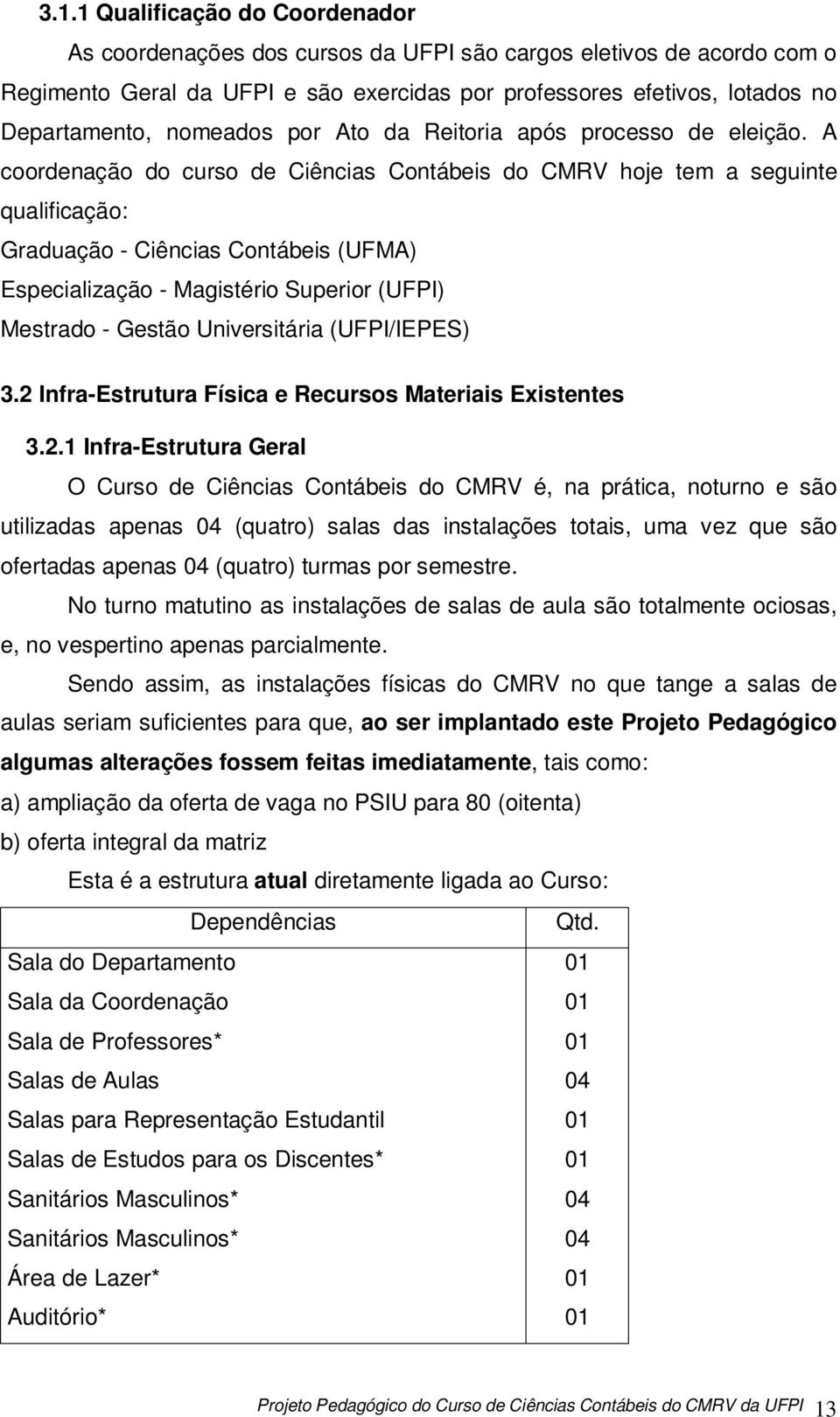 A coordenação do curso de Ciências Contábeis do CMRV hoje tem a seguinte qualificação: Graduação - Ciências Contábeis (UFMA) Especialização - Magistério Superior (UFPI) Mestrado - Gestão