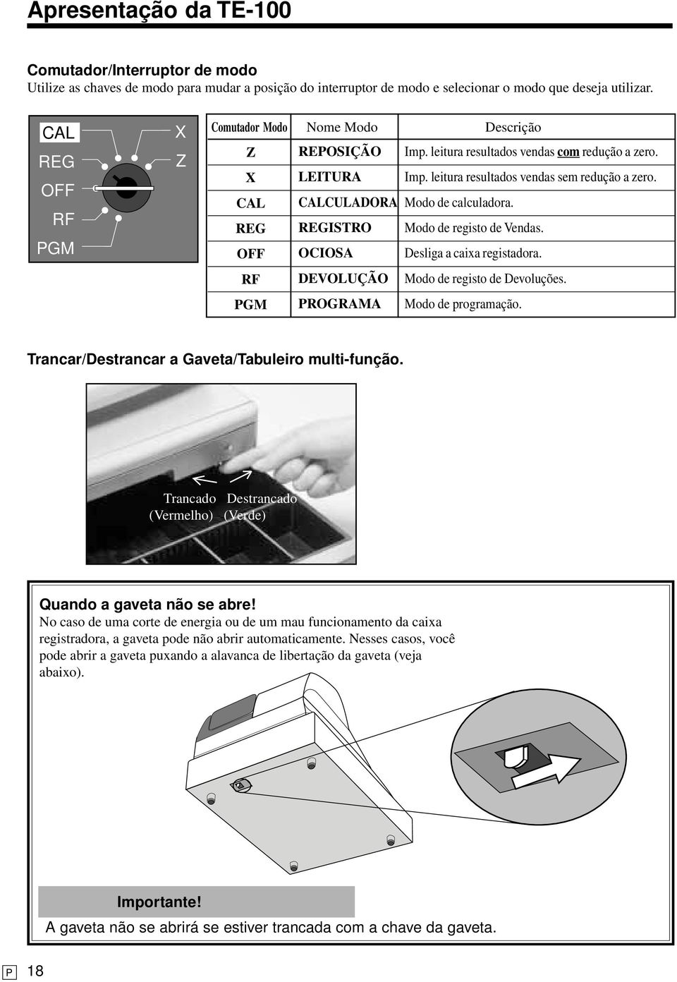 Modo de calculadora. Modo de registo de Vendas. Desliga a caixa registadora. Modo de registo de Devoluções. Modo de programação. Trancar/Destrancar a Gaveta/Tabuleiro multi-função.