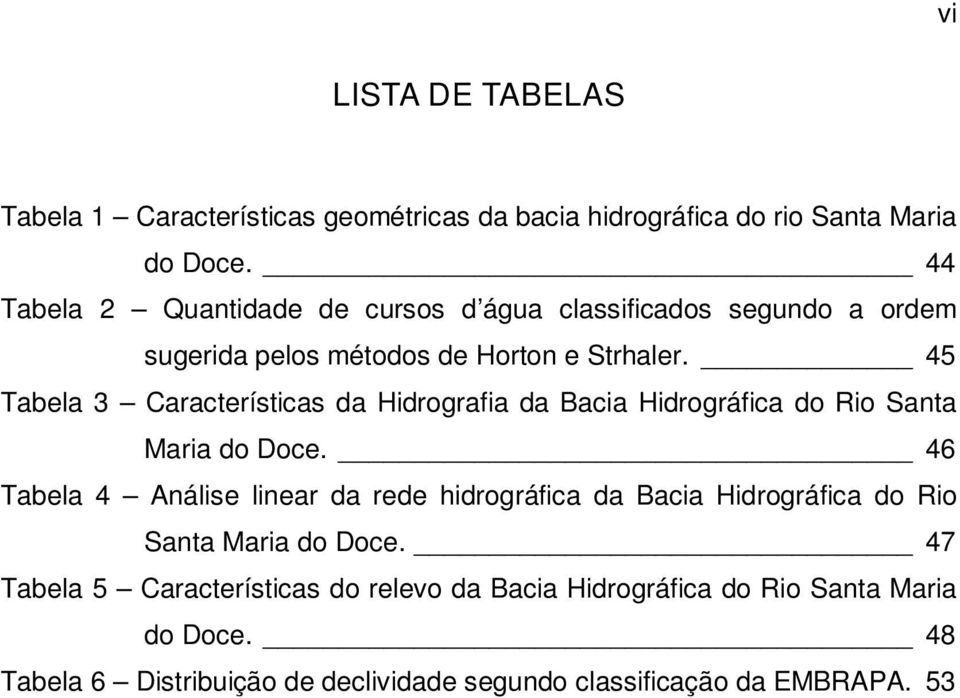 45 Tabela 3 Características da Hidrografia da Bacia Hidrográfica do Rio Santa Maria do Doce.