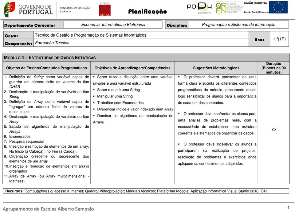 Enumerados 7. Pesquisa sequencial 8. Inserção e remoção de elementos de um array: No Inicio (à Cabeça) ; no Fim (à Cauda). 9. Ordenação crescente ou decrescente dos elementos de um array 10.