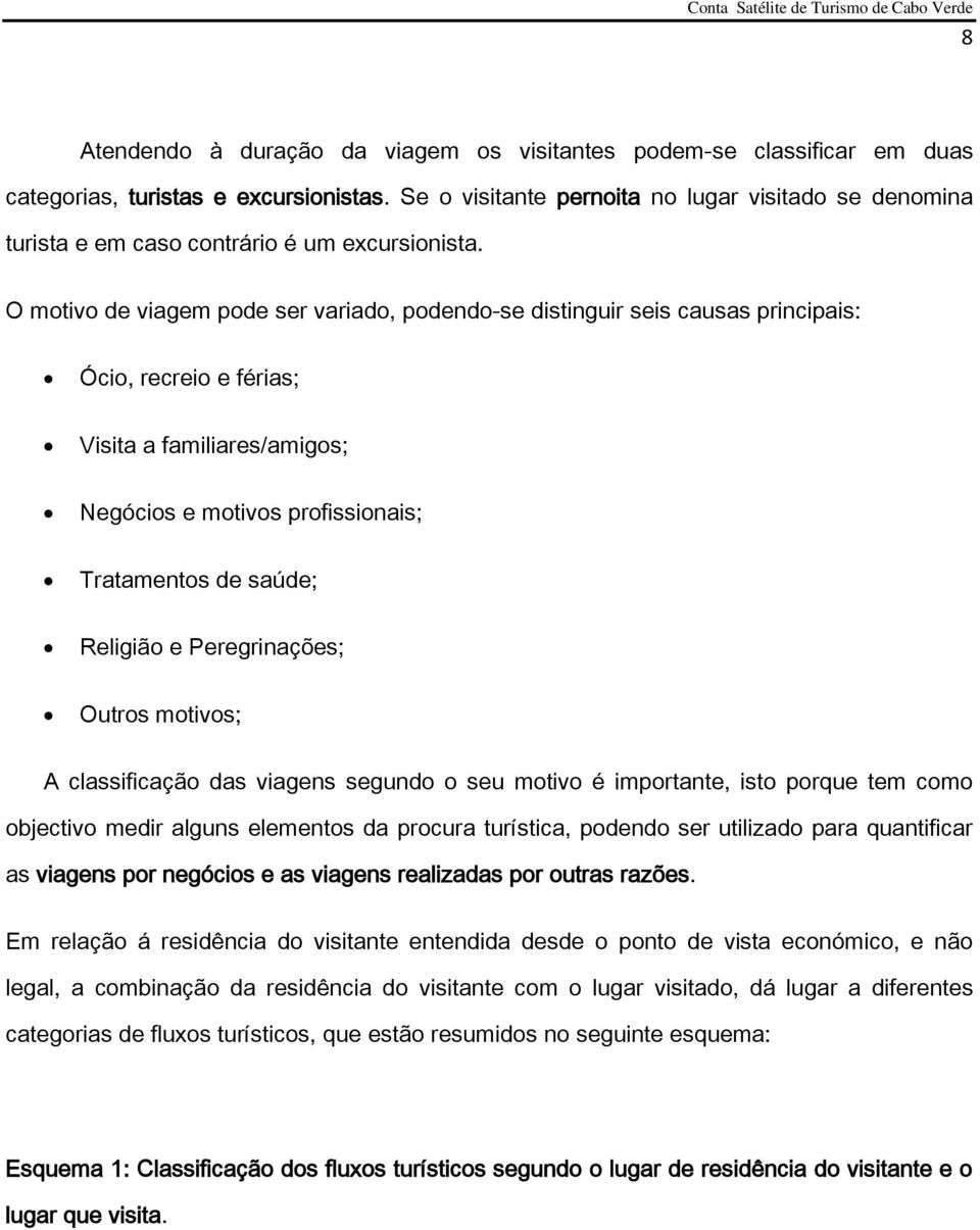 O motivo de viagem pode ser variado, podendo-se distinguir seis causas principais: Ócio, recreio e férias; Visita a familiares/amigos; Negócios e motivos profissionais; Tratamentos de saúde; Religião