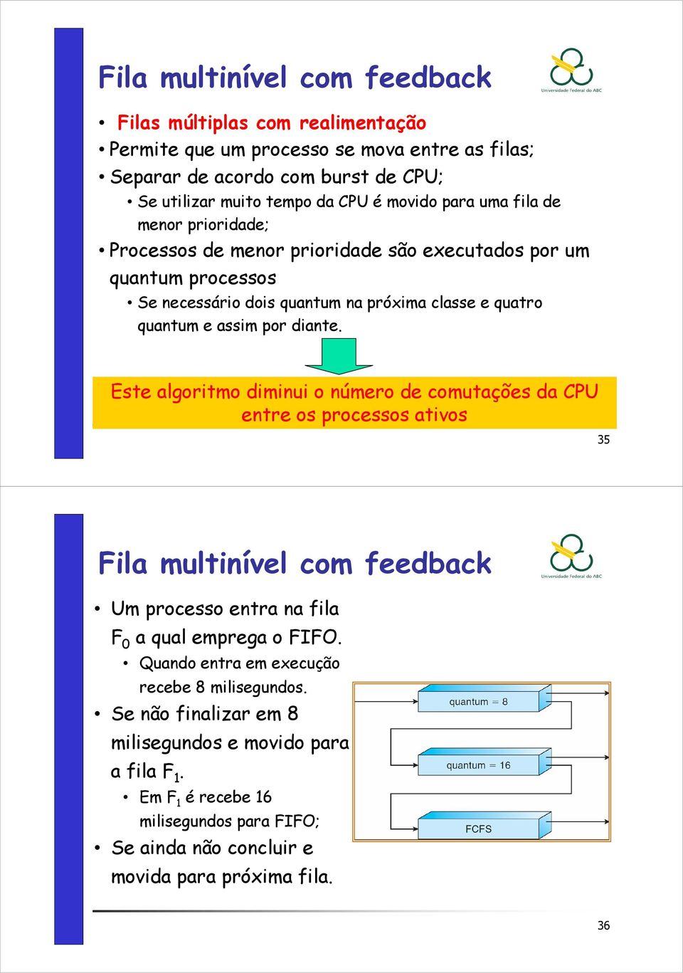 diante. Este algoritmo diminui o número de comutações da CPU entre os processos ativos 35 Fila multinível com feedback Um processo entra na fila F 0 a qual emprega o FIFO.