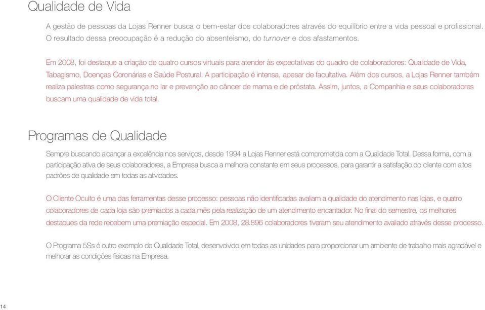 Em 2008, foi destaque a criação de quatro cursos virtuais para atender às expectativas do quadro de colaboradores: Qualidade de Vida, Tabagismo, Doenças Coronárias e Saúde Postural.