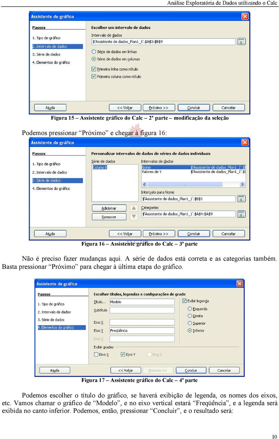 Figura 17 Assistente gráfico do Calc 4ª parte Podemos escolher o título do gráfico, se haverá exibição de legenda, os nomes dos eixos, etc.