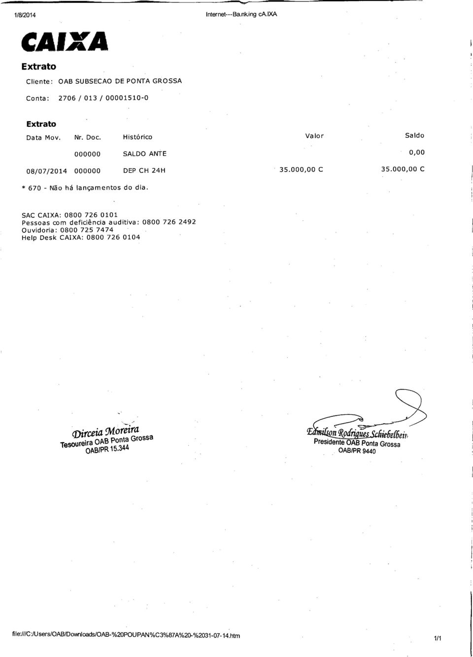 Histórico Valor Saldo 000000 SALDO ANTE OS/07/2014 000000 DEP CH 24H 35.00 C 35.00 C * 670 - Não há lançamentos do dia.