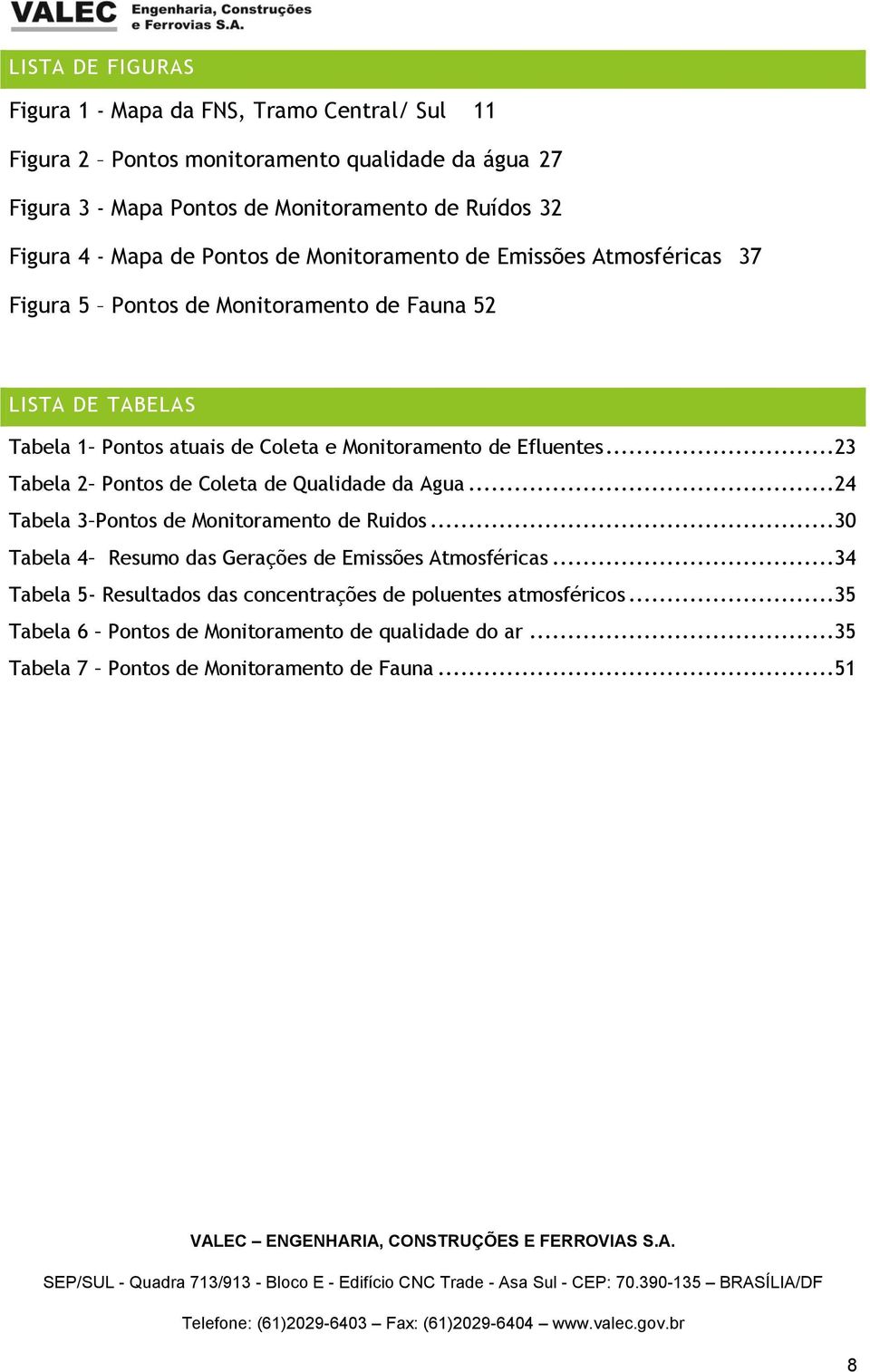 .. 23 Tabela 2 Pontos de Coleta de Qualidade da Agua... 24 Tabela 3 Pontos de Monitoramento de Ruidos... 30 Tabela 4 Resumo das Gerações de Emissões Atmosféricas.