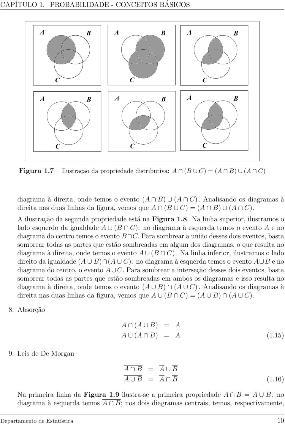 Na linha superior, ilustramos o lado esquerdo da igualdade A (B C): no diagrama à esquerda temos o evento A e no diagrama do centro temos o evento B C.