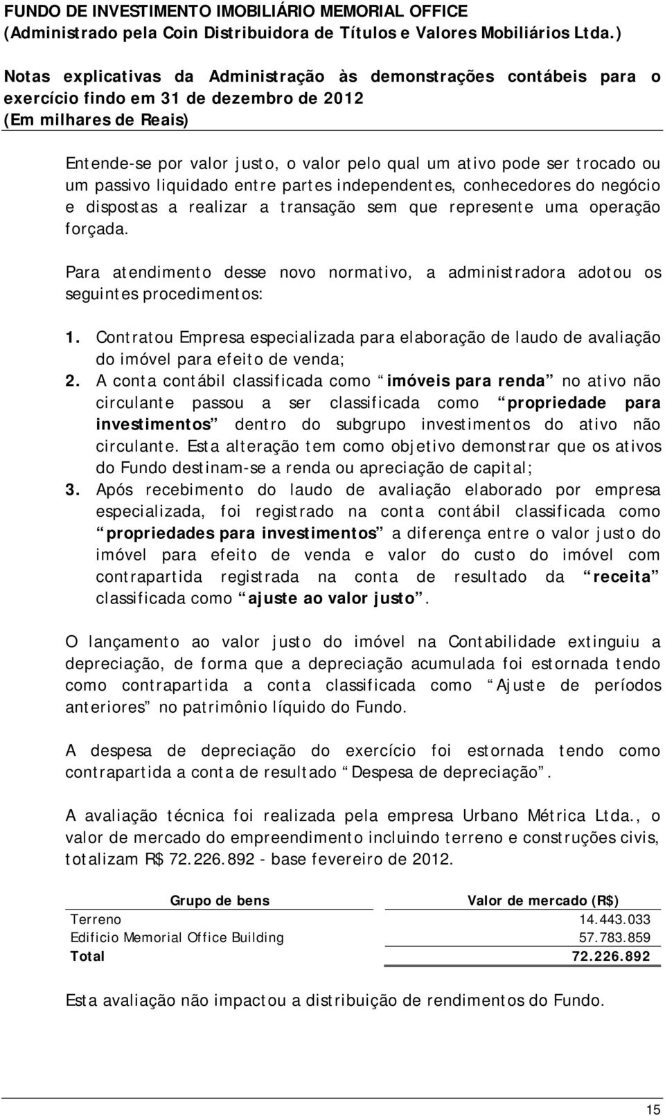 Para atendimento desse novo normativo, a administradora adotou os seguintes procedimentos: 1. Contratou Empresa especializada para elaboração de laudo de avaliação do imóvel para efeito de venda; 2.