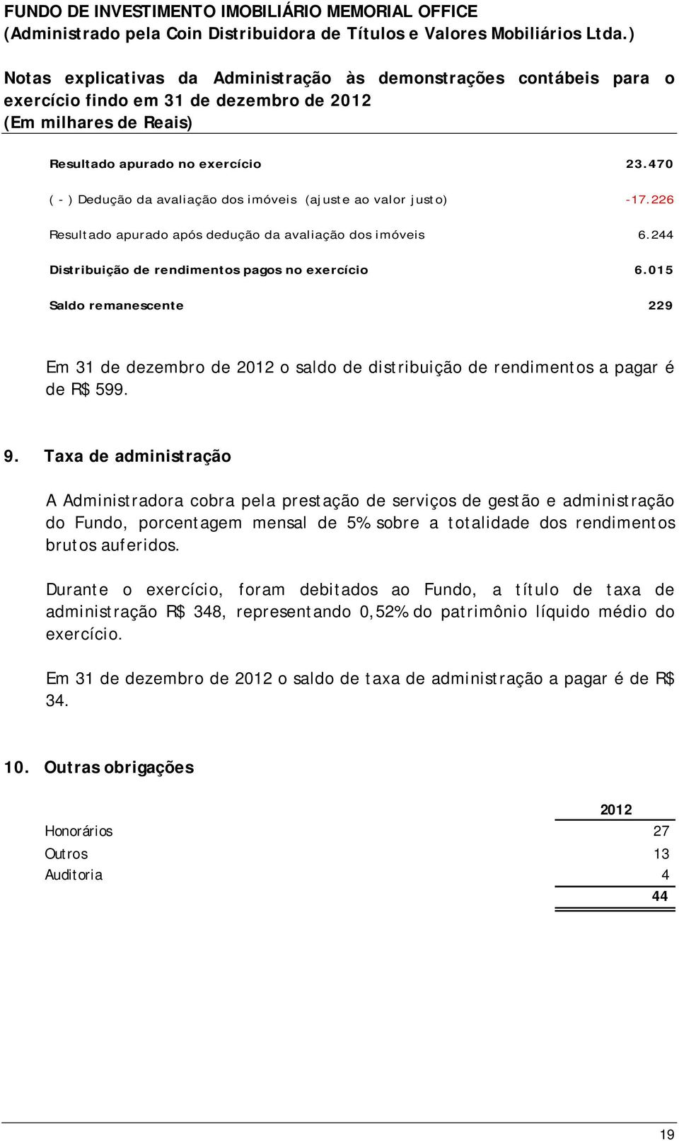 015 Saldo remanescente 229 Em 31 de dezembro de 2012 o saldo de distribuição de rendimentos a pagar é de R$ 599. 9.