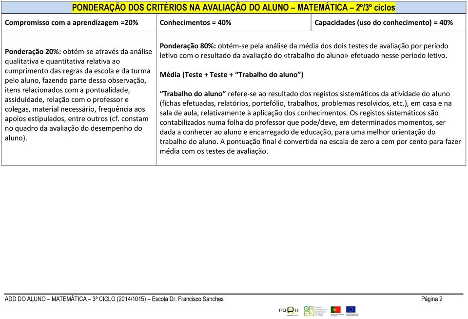 o professor e colegas, material necessário, frequência aos apoios estipulados, entre outros (cf. constam no quadro da avaliação do desempenho do aluno).