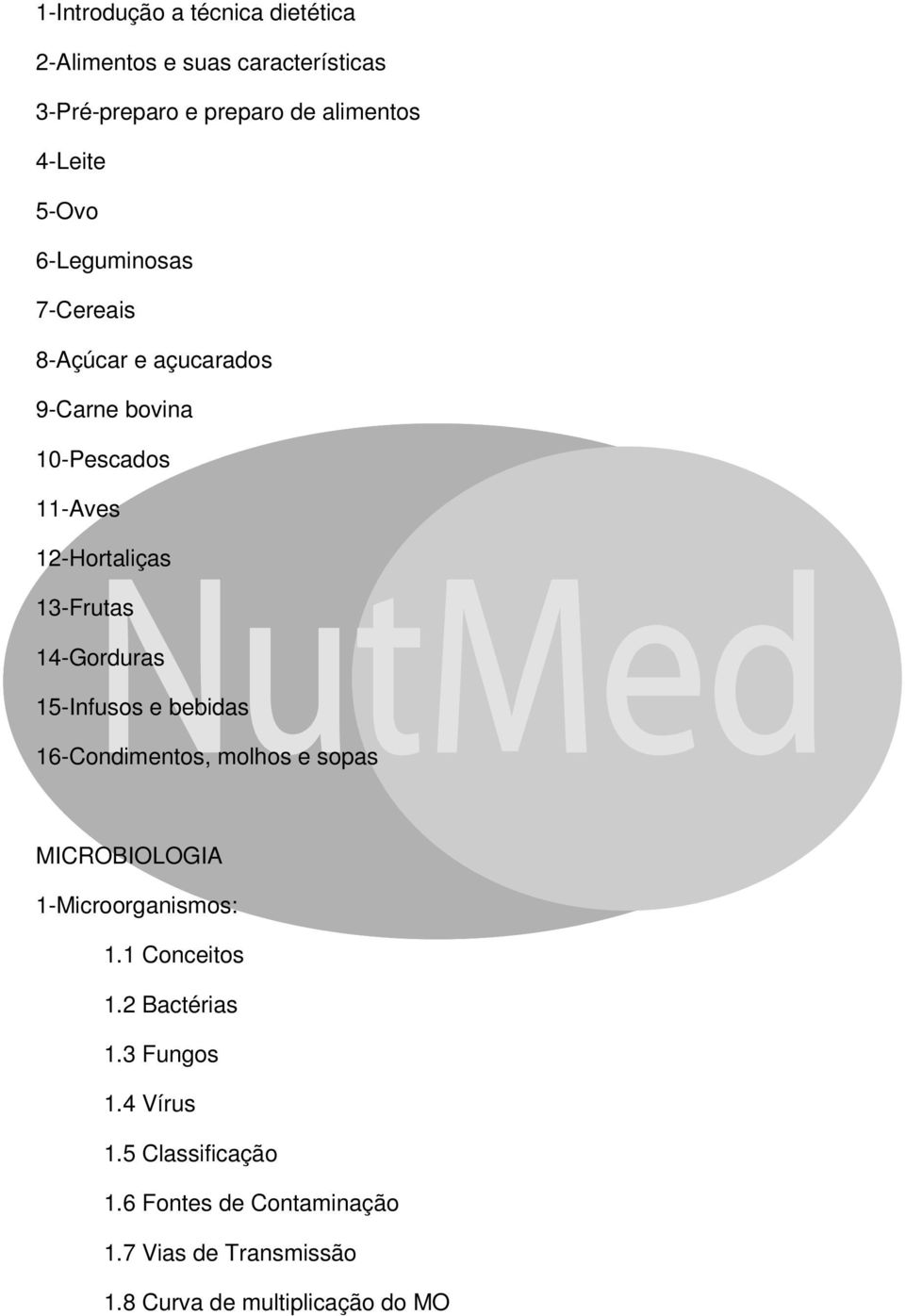 14-Gorduras 15-Infusos e bebidas 16-Condimentos, molhos e sopas MICROBIOLOGIA 1-Microorganismos: 1.1 Conceitos 1.