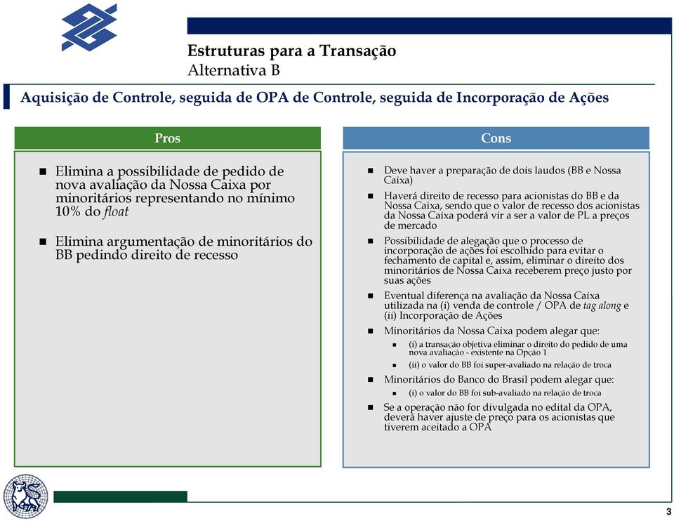 direito de recesso para acionistas do BB e da Nossa Caixa, sendo que o valor de recesso dos acionistas da Nossa Caixa poderá vir a ser a valor de PL a preços de mercado Possibilidade de alegação que