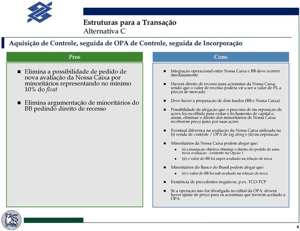 Haverá direito de recesso para acionistas da Nossa Caixa, sendo que o valor de recesso poderá vir a ser a valor de PL a preços de mercado Deve haver a preparação de dois laudos (BB e Nossa Caixa)