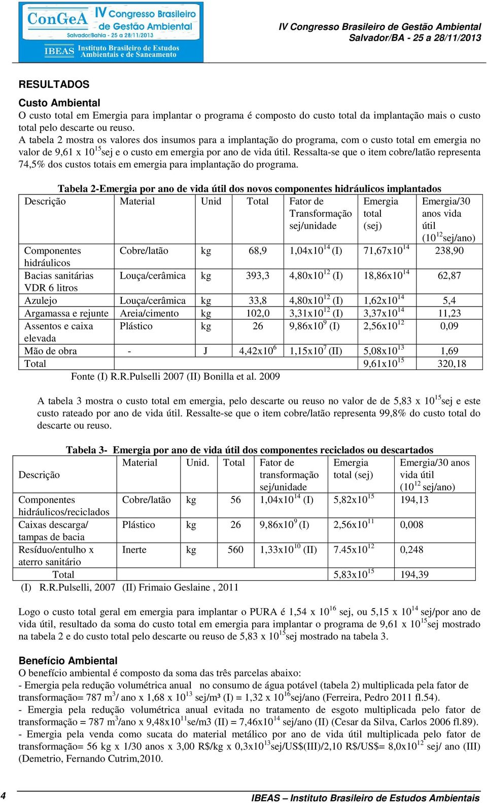 Ressalta-se que o item cobre/latão representa 74,5% dos custos totais em emergia para implantação do programa.