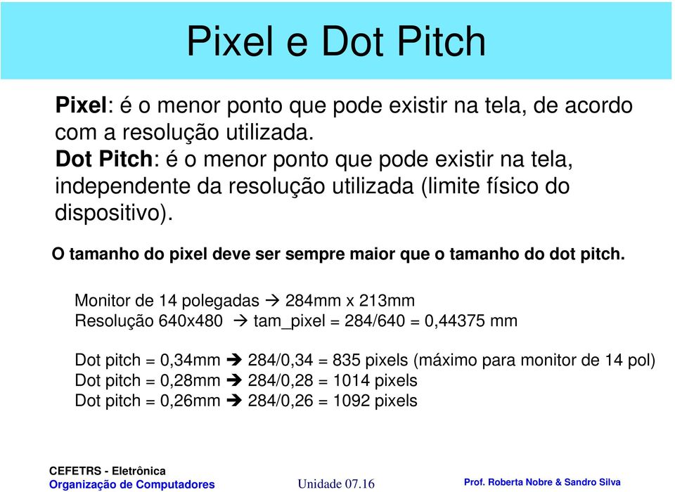 O tamanho do pixel deve ser sempre maior que o tamanho do dot pitch.