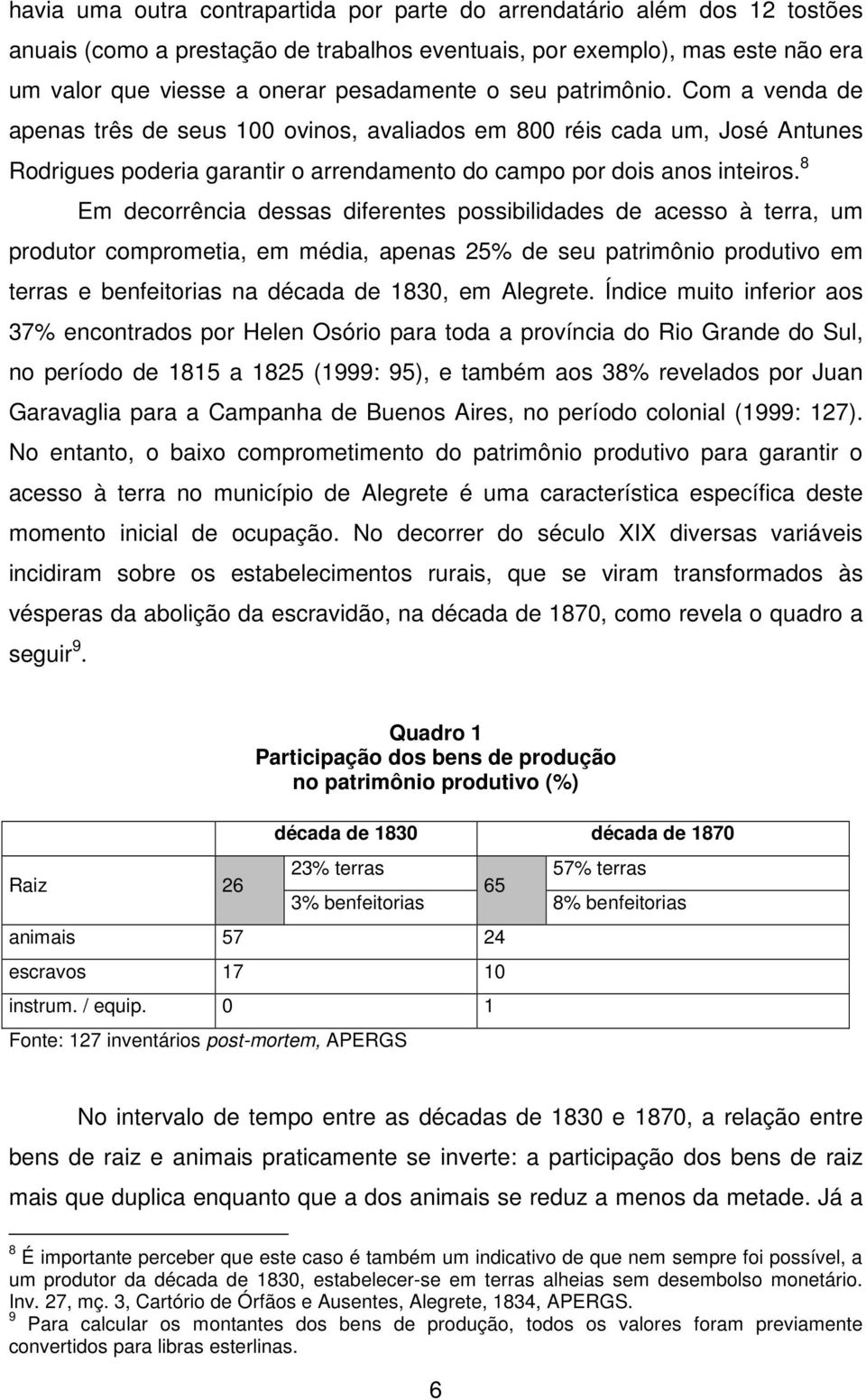 8 Em decorrência dessas diferentes possibilidades de acesso à terra, um produtor comprometia, em média, apenas 25% de seu patrimônio produtivo em terras e benfeitorias na década de 1830, em Alegrete.