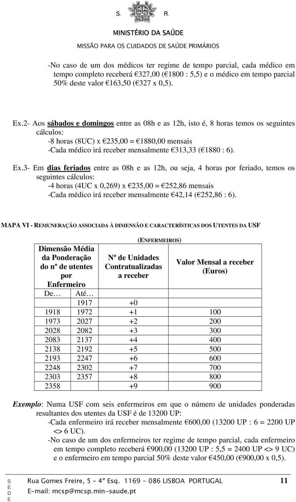 0,5). x.2- Aos sábados e domingos entre as 08h e as 12h, isto é, 8 horas temos os seguintes cálculos: -8 horas (8UC) x 235,00 = 1880,00 mensais -Cada médico irá receber mensalmente 313,33 ( 1880 : 6).