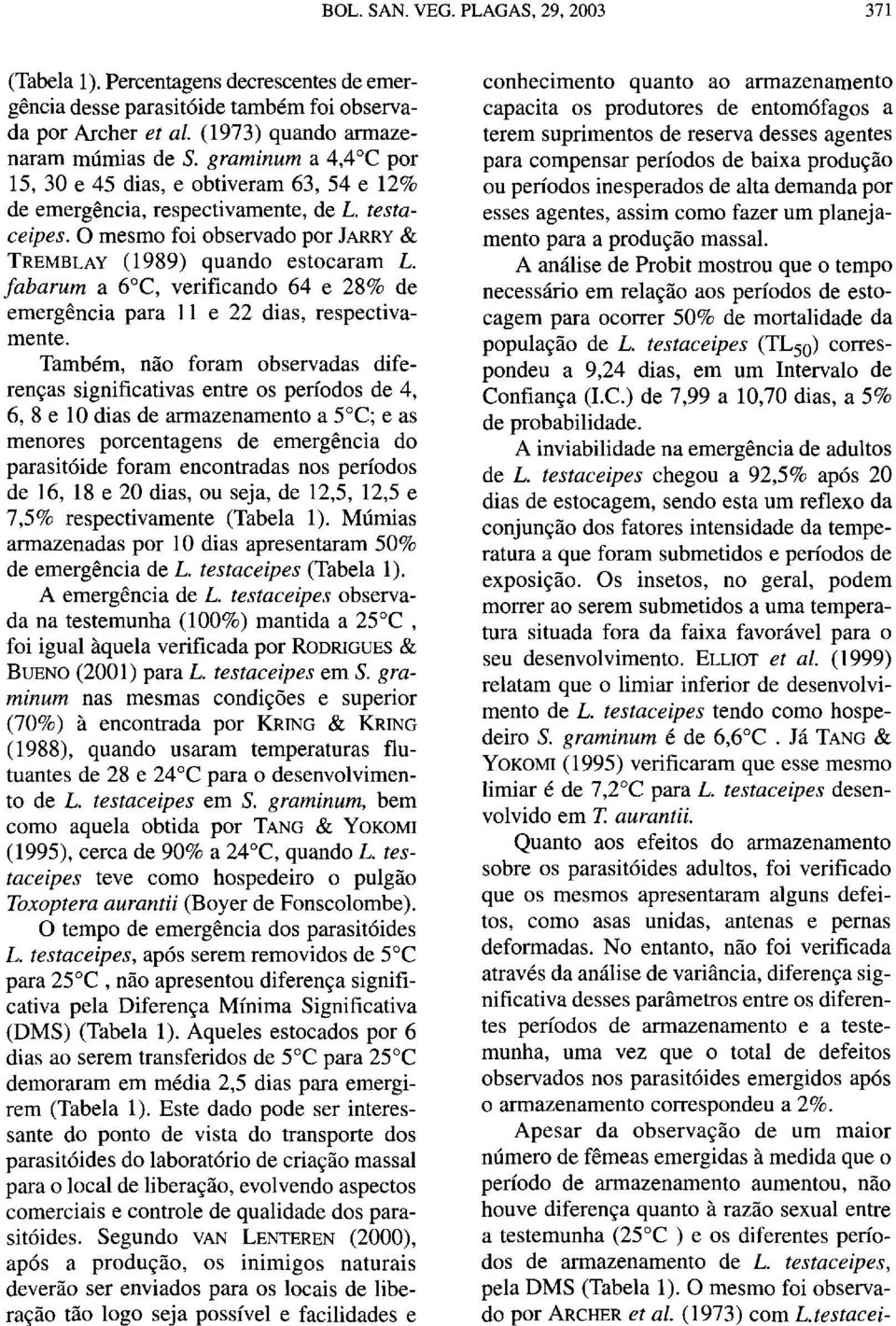 fabarum a 6 C, verificando 64 e 28% de emergência para 11 e 22 dias, respectivamente.