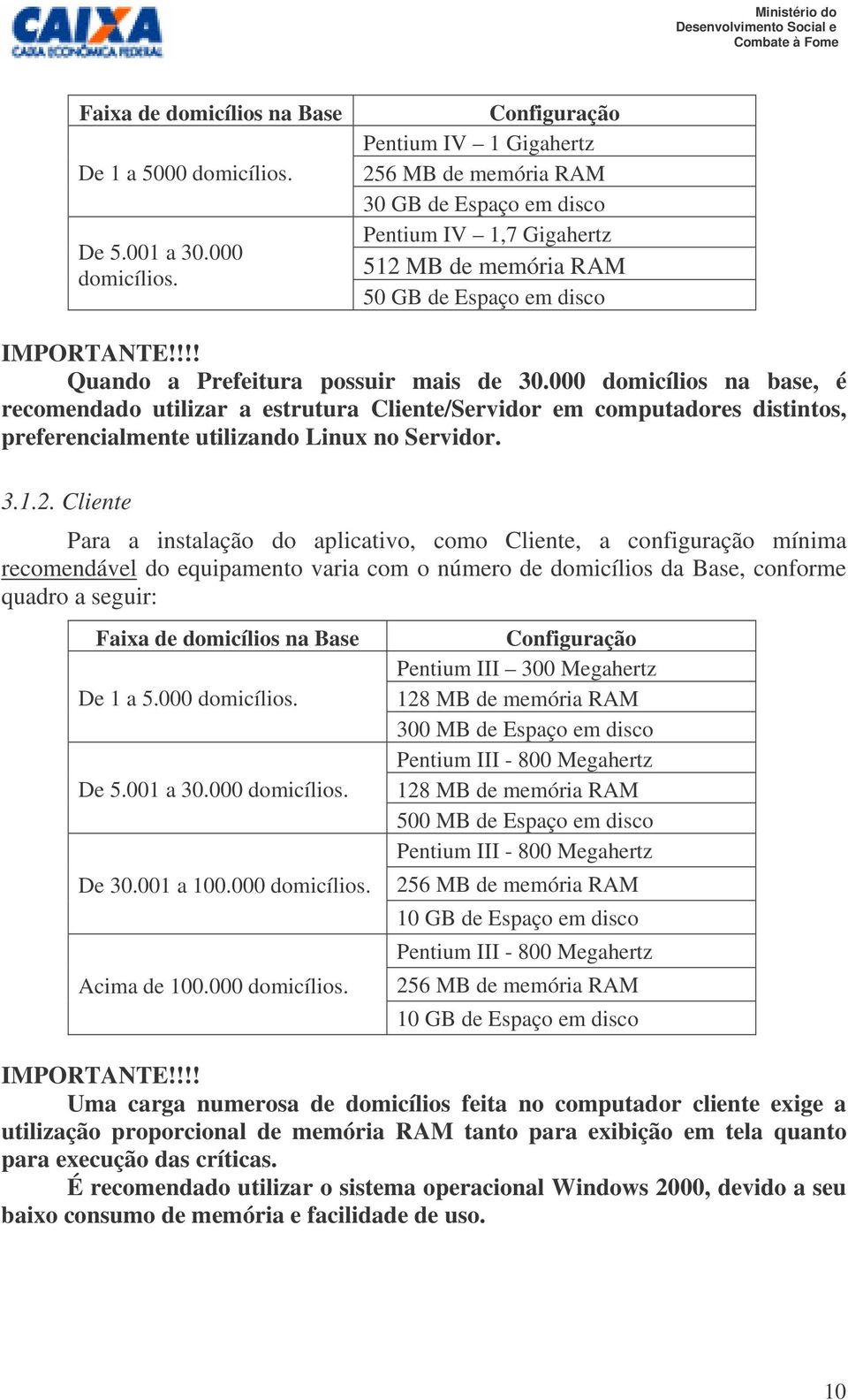 !!! Quando a Prefeitura possuir mais de 30.000 domicílios na base, é recomendado utilizar a estrutura Cliente/Servidor em computadores distintos, preferencialmente utilizando Linux no Servidor. 3.1.2.