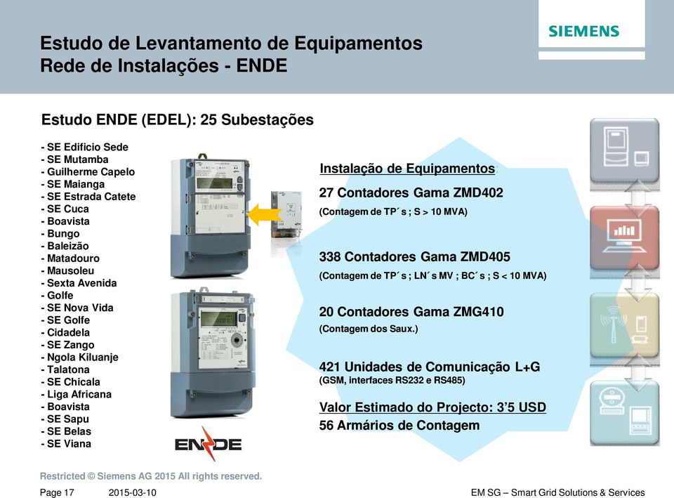 Boavista - SE Sapu - SE Belas - SE Viana Instalação de Equipamentos: 27 Contadores Gama ZMD402 (Contagem de TP s ; S > 10 MVA) 338 Contadores Gama ZMD405 (Contagem de TP s ; LN s MV ; BC s