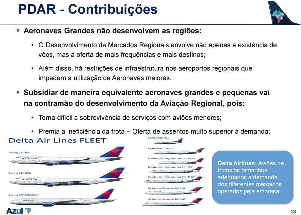 Subsidiar de maneira equivalente aeronaves grandes e pequenas vai na contramão do desenvolvimento da Aviação Regional, pois: Torna difícil a sobrevivência de serviços com