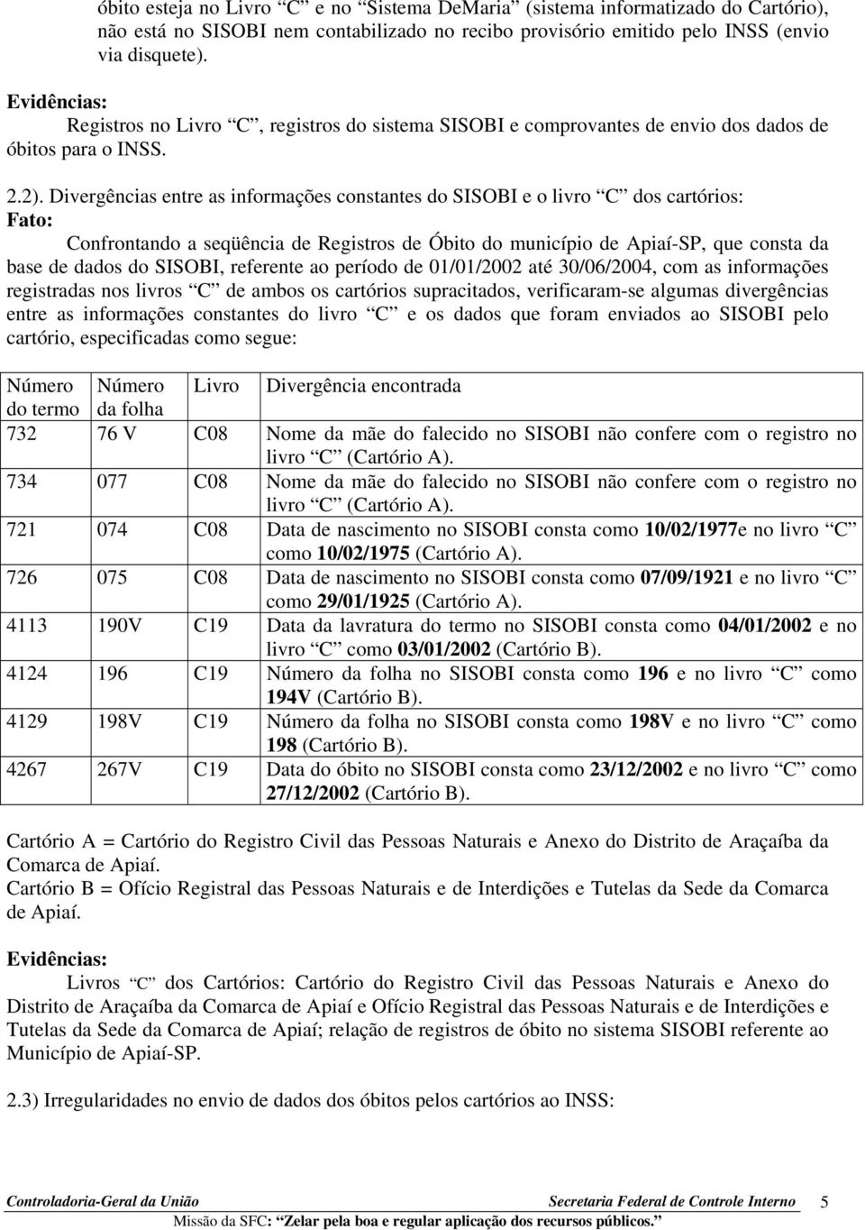 Divergências entre as informações constantes do SISOBI e o livro C dos cartórios: Confrontando a seqüência de Registros de Óbito do município de Apiaí-SP, que consta da base de dados do SISOBI,