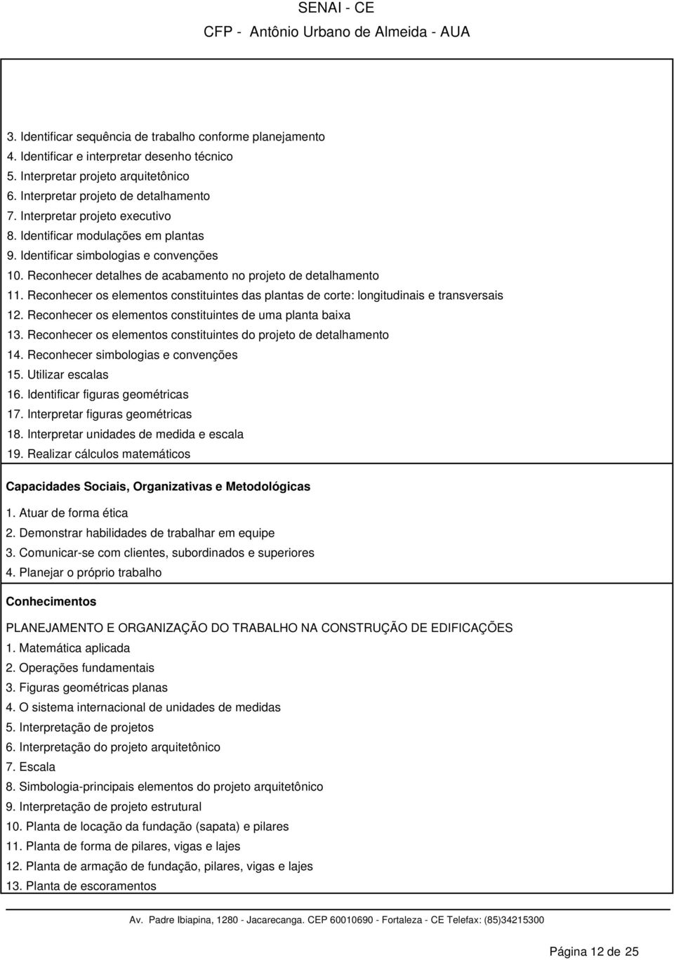 Reconhecer os elementos constituintes das plantas de corte: longitudinais e transversais 12. Reconhecer os elementos constituintes de uma planta baixa 13.