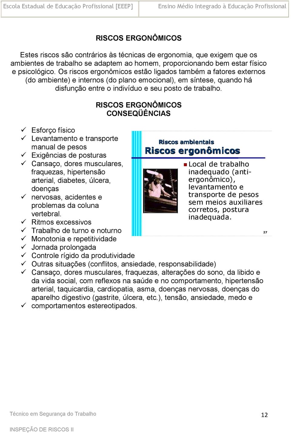 Esforço físico Levantamento e transporte manual de pesos Exigências de posturas Cansaço, dores musculares, fraquezas, hipertensão arterial, diabetes, úlcera, doenças nervosas, acidentes e problemas