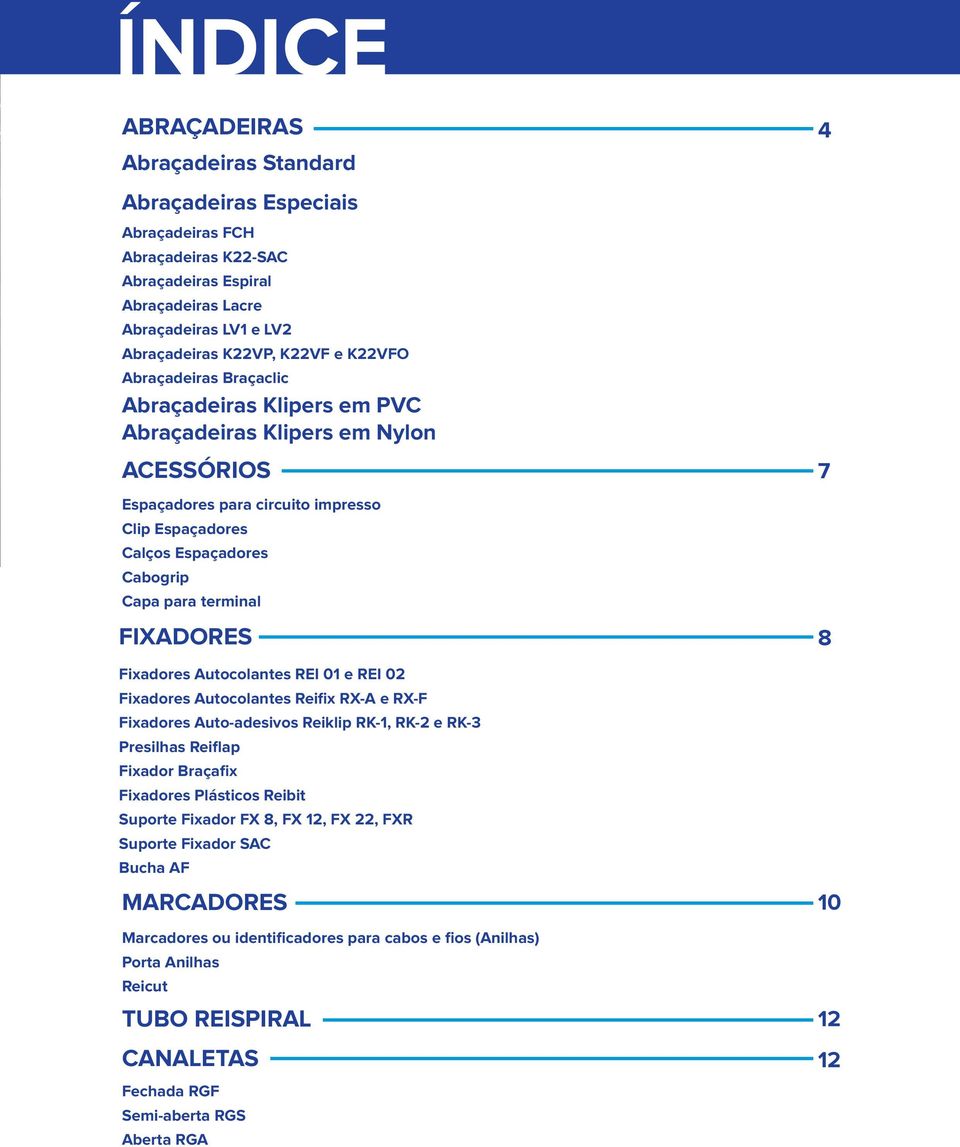 Fixadores Autocolantes REI 01 e REI 02 Fixadores Autocolantes Reifix RX-A e RX-F Fixadores Auto-adesivos Reiklip RK-1, RK-2 e RK-3 Presilhas Reiflap Fixador Braçafix Fixadores Plásticos Reibit