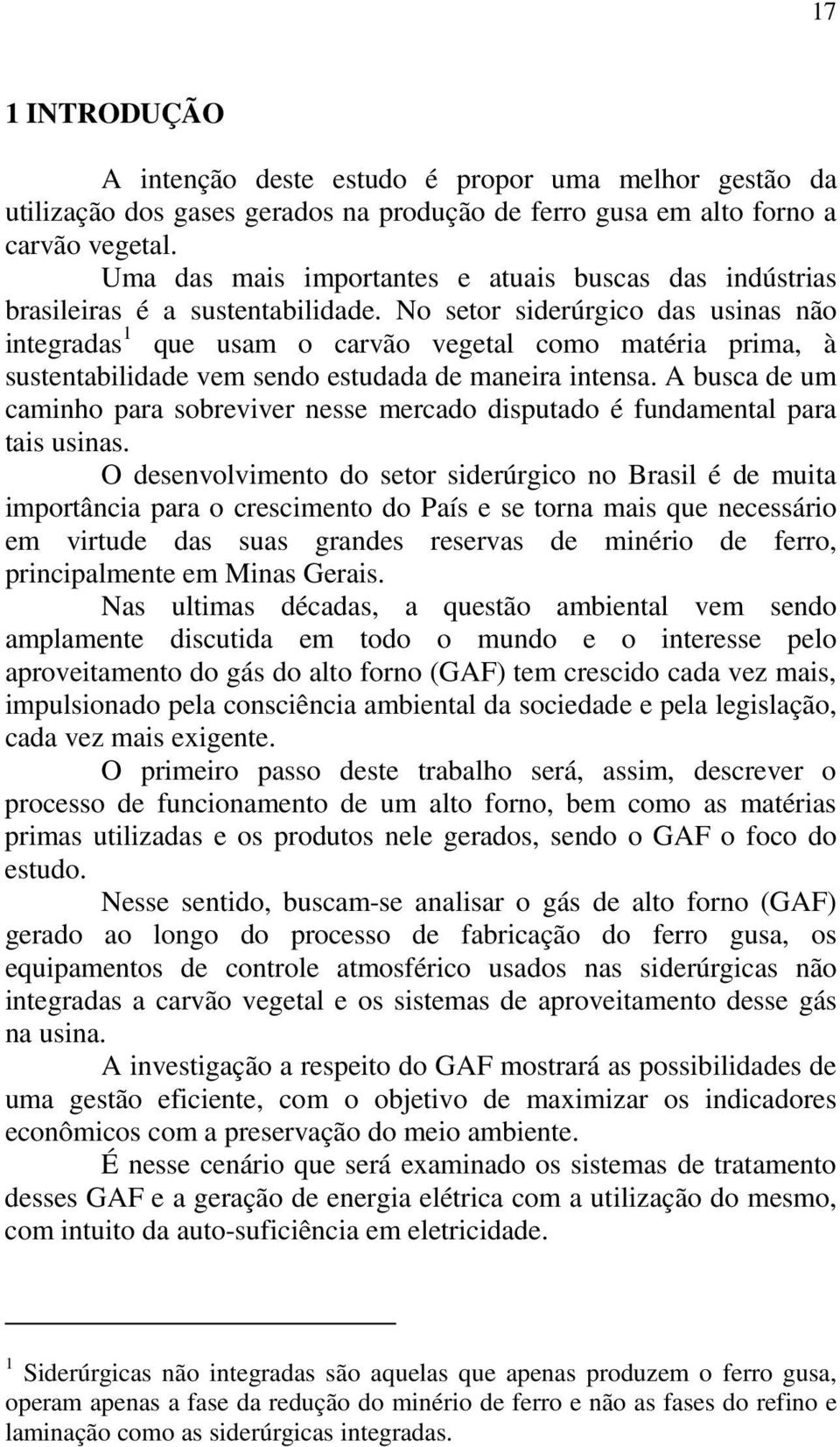 No setor siderúrgico das usinas não integradas 1 que usam o carvão vegetal como matéria prima, à sustentabilidade vem sendo estudada de maneira intensa.