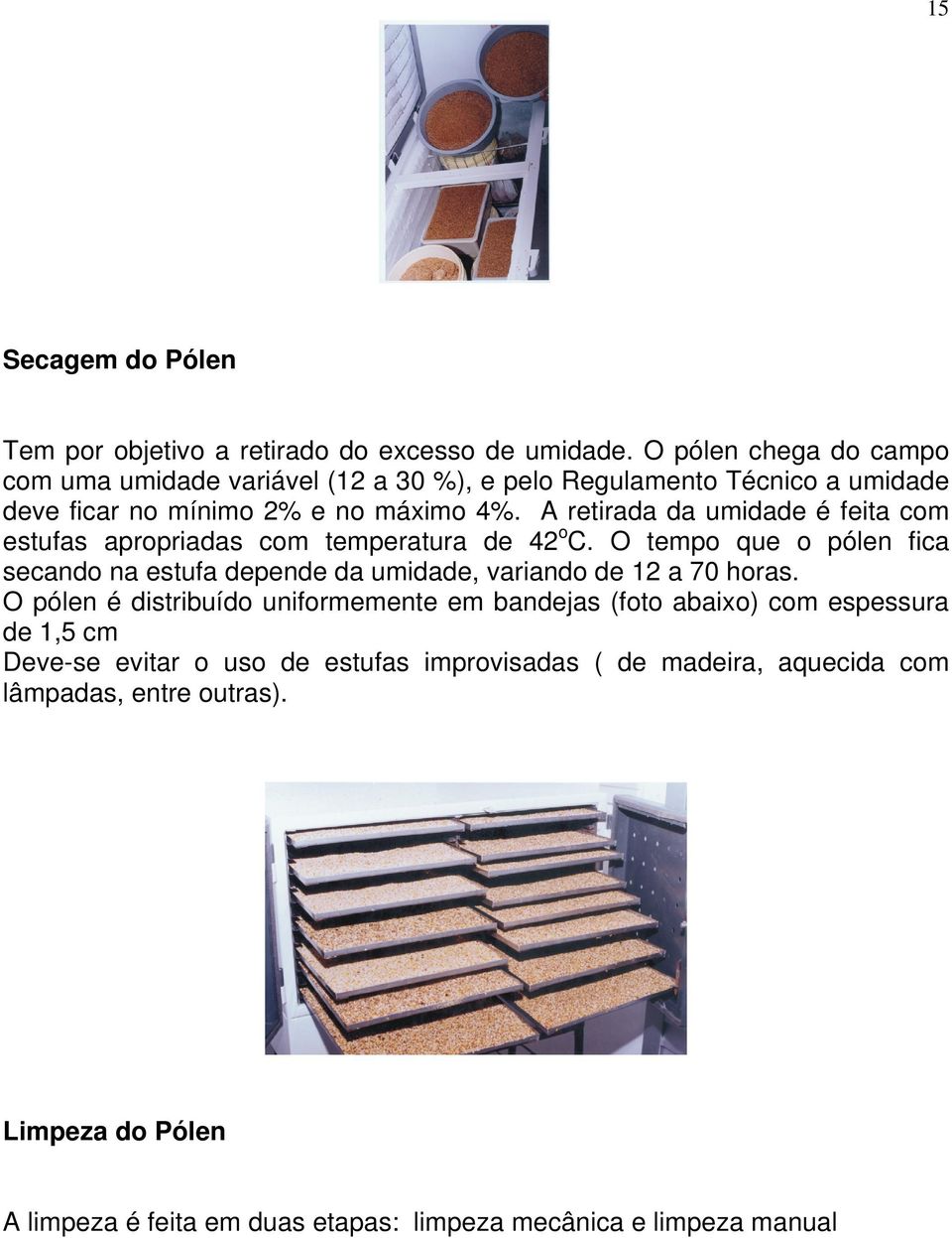 A retirada da umidade é feita com estufas apropriadas com temperatura de 42 o C.