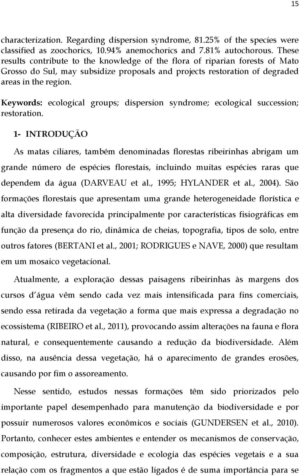 Keywords: ecological groups; dispersion syndrome; ecological succession; restoration.