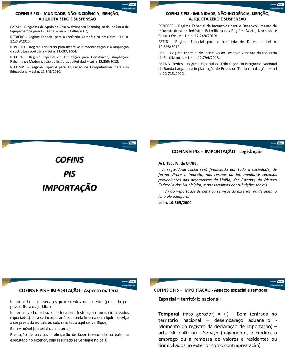 033/2004; RECOPA Regime Especial de Tributação para Construção, Ampliação, Reforma ou Modernização de Estádios de Futebol Lei n. 12.