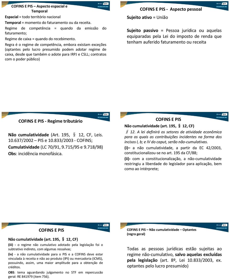 Regra é o regime de competência, embora existam exceções (optantes pelo lucro presumido podem adotar regime de caixa, desde que também o adote para IRPJ e CSLL; contratos com o poder público) COFINS