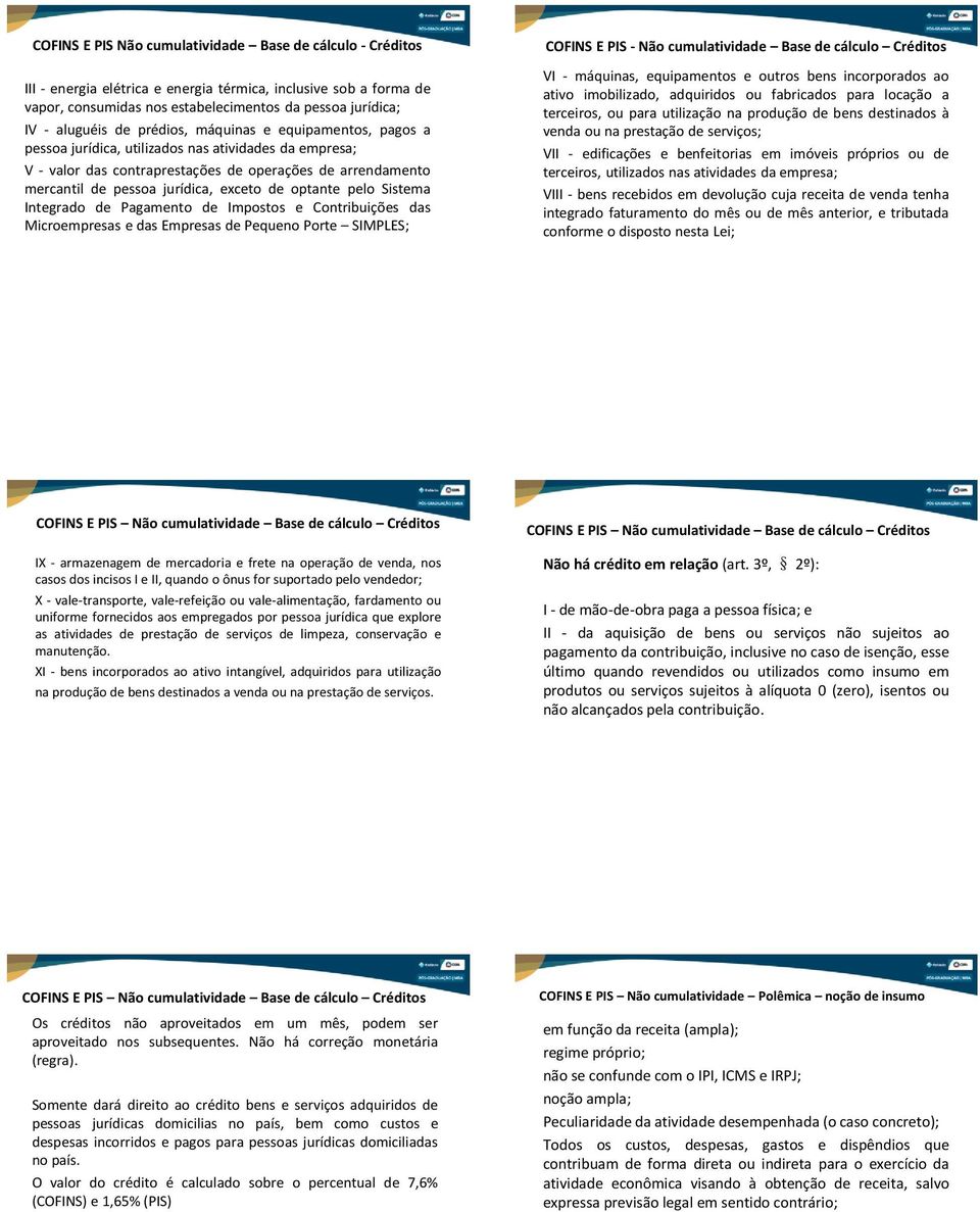 optante pelo Sistema Integrado de Pagamento de Impostos e Contribuições das Microempresas e das Empresas de Pequeno Porte SIMPLES; COFINS E PIS - Não cumulatividade Base de cálculo Créditos VI -