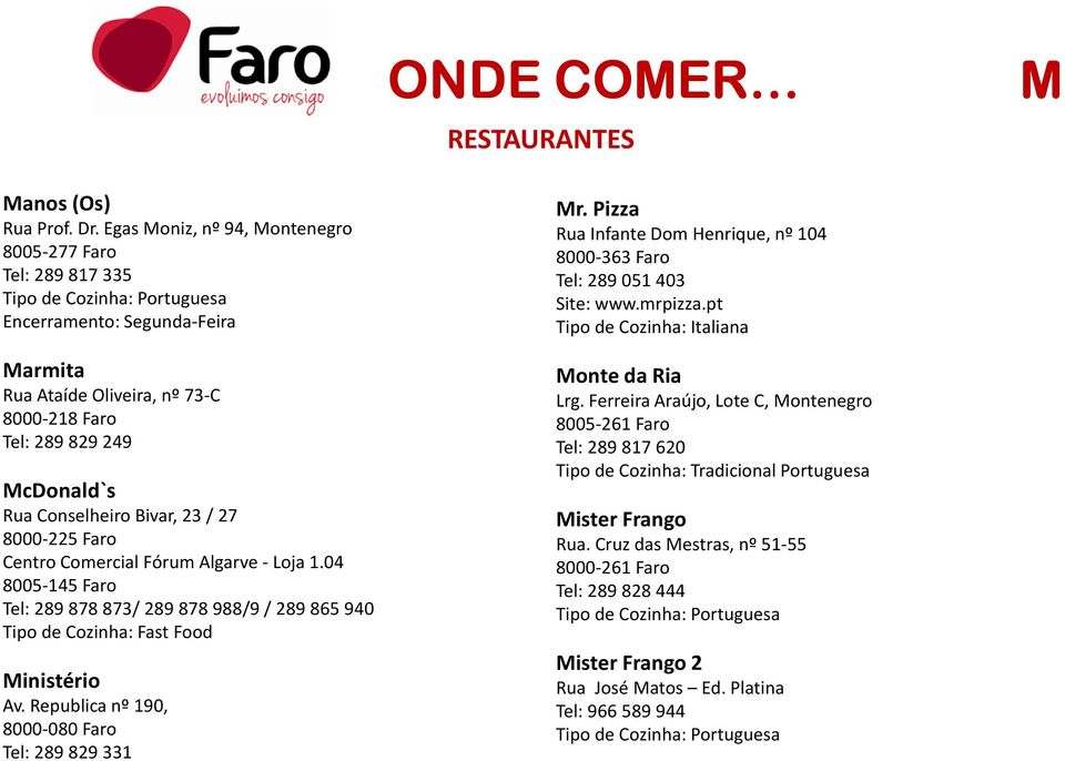 Comercial Fórum Algarve - Loja 1.04 8005-145 Faro Tel: 289 878 873/ 289 878 988/9 / 289 865 940 Tipo de Cozinha: Fast Food Ministério Av. Republica nº 190, 8000-080 Faro Tel: 289 829 331 Mr.