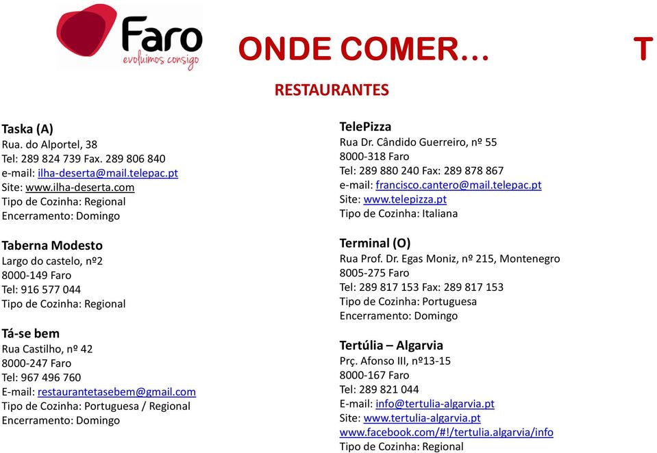 com Taberna Modesto Largo do castelo, nº2 8000-149 Faro Tel: 916 577 044 Tá-se bem Rua Castilho, nº 42 8000-247 Faro Tel: 967 496 760 E-mail: restaurantetasebem@gmail.