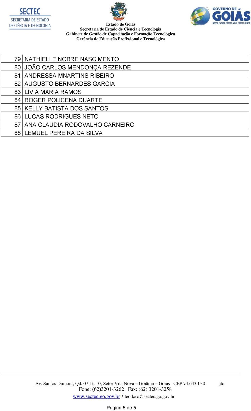 RAMOS 84 ROGER POLICENA DUARTE 85 KELLY BATISTA DOS SANTOS 86 LUCAS