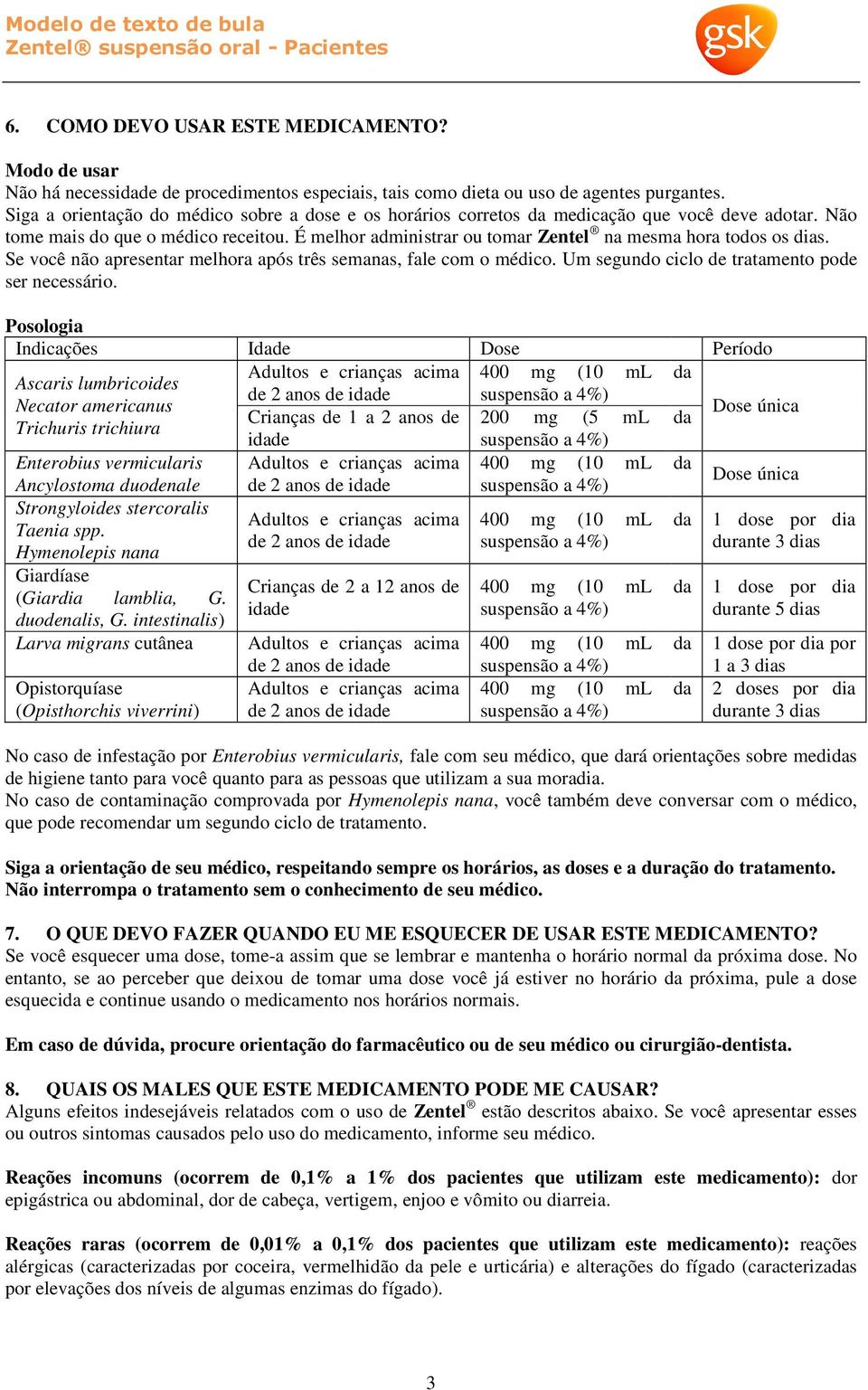 É melhor administrar ou tomar Zentel na mesma hora todos os dias. Se você não apresentar melhora após três semanas, fale com o médico. Um segundo ciclo de tratamento pode ser necessário.