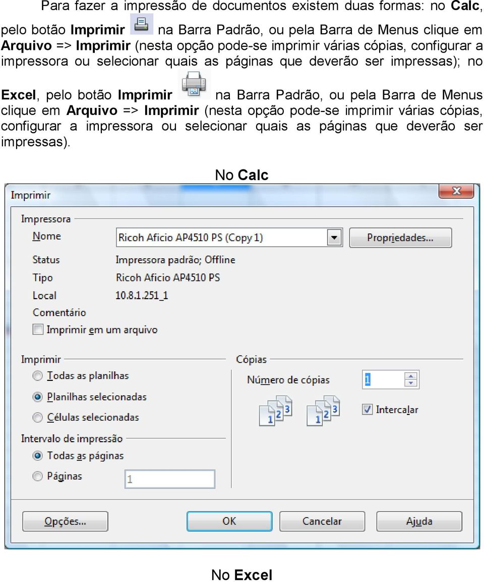 que deverão ser impressas); no Excel, pelo botão Imprimir na Barra Padrão, ou pela Barra de Menus  que deverão ser impressas).