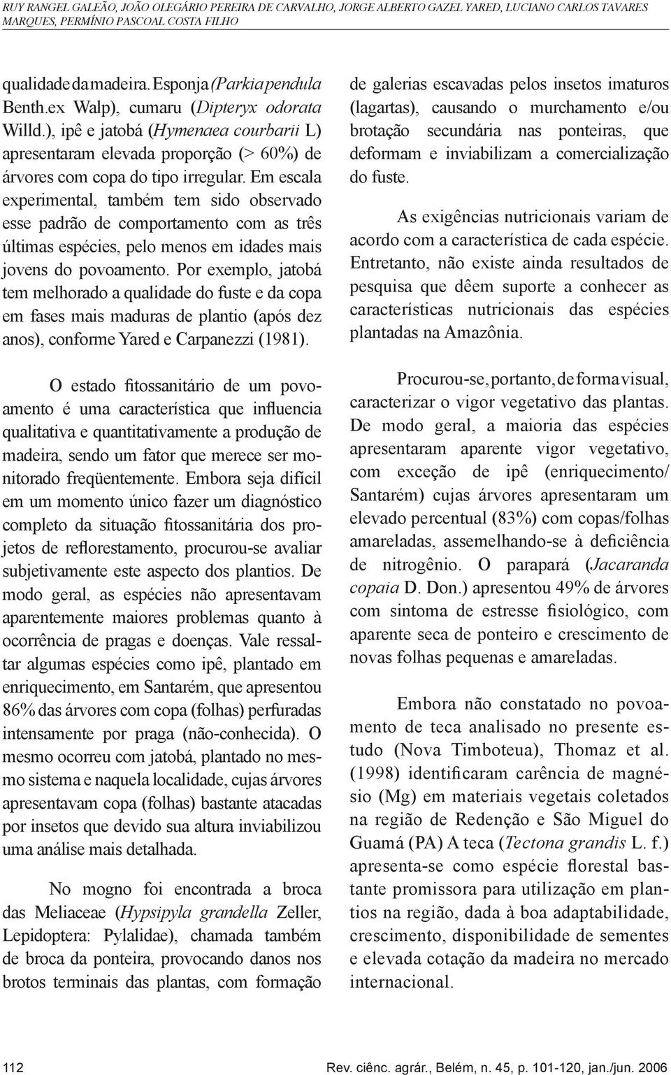 Em escala experimental, também tem sido observado esse padrão de comportamento com as três últimas espécies, pelo menos em idades mais jovens do povoamento.