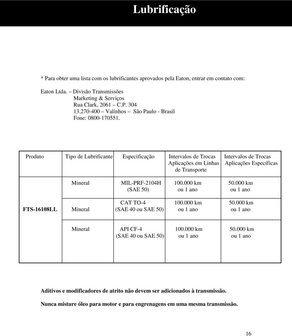 Produto Tipo de Lubrificante Especificação Intervalos de Trocas Intervalos de Trocas Aplicações em Linhas Aplicações Específicas de Transporte Mineral MIL-PRF-2104H 100.000 km 50.