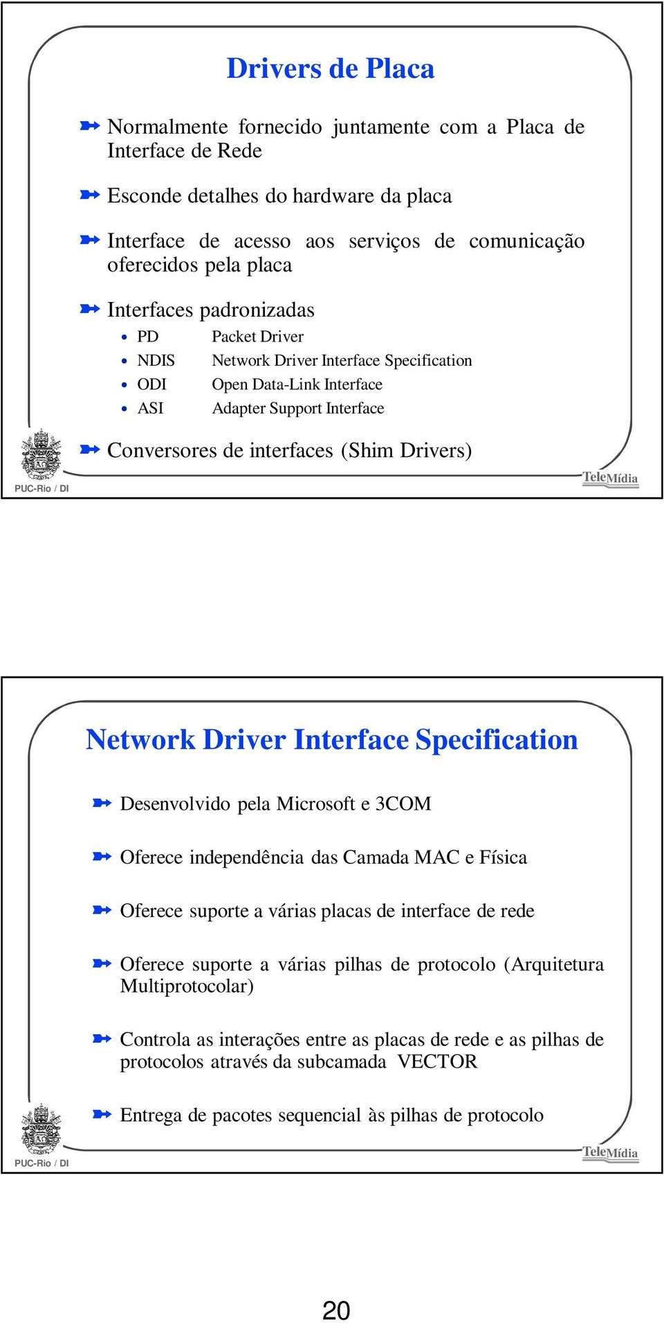 Driver Interface Specification Desenvolvido pela Microsoft e 3COM Oferece independência das Camada MAC e Física Oferece suporte a várias placas de interface de rede Oferece suporte a várias